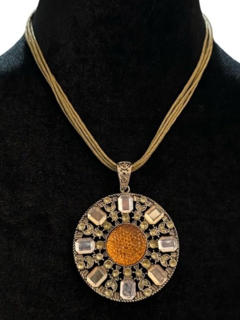 Boho Pendant Necklace Orange Gold Tone Five Strand Brown Cord 17 - 20 Inch Long